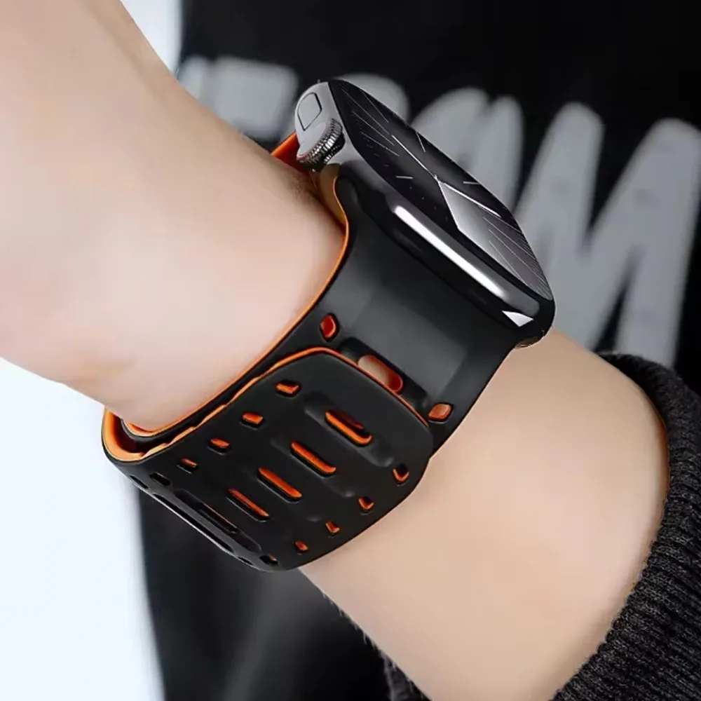 Спортивный силиконовый ремешок для Apple Watch Ultra 2/1 49 мм 10 46 мм Магнитный удобный дышащий ремешок Iwatch 9 8 7 6 5 SE 45 мм 44 мм