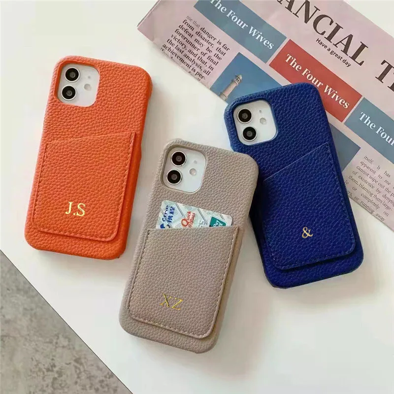 Customized Gold Letters Leather Card Holder Case For iphone 14 13 Pro Max 12 11 Pro Max X XS XR 15 16 Plus SE Luxury Hard Cover