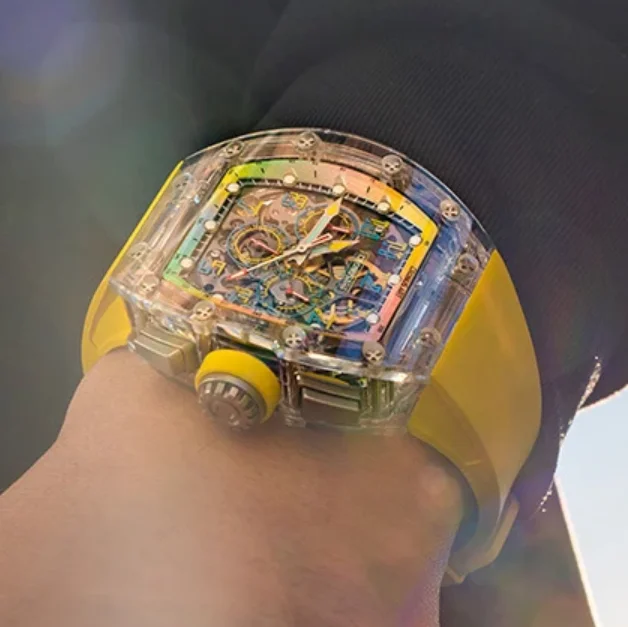 CRONUSART ساعة كرونوغراف للرجال 50 مللي متر Tonneau ساعة يد ميكانيكية علبة الياقوت مضيئة هيكل عظمي من المطاط الفلوري نوافذ ثلاثية