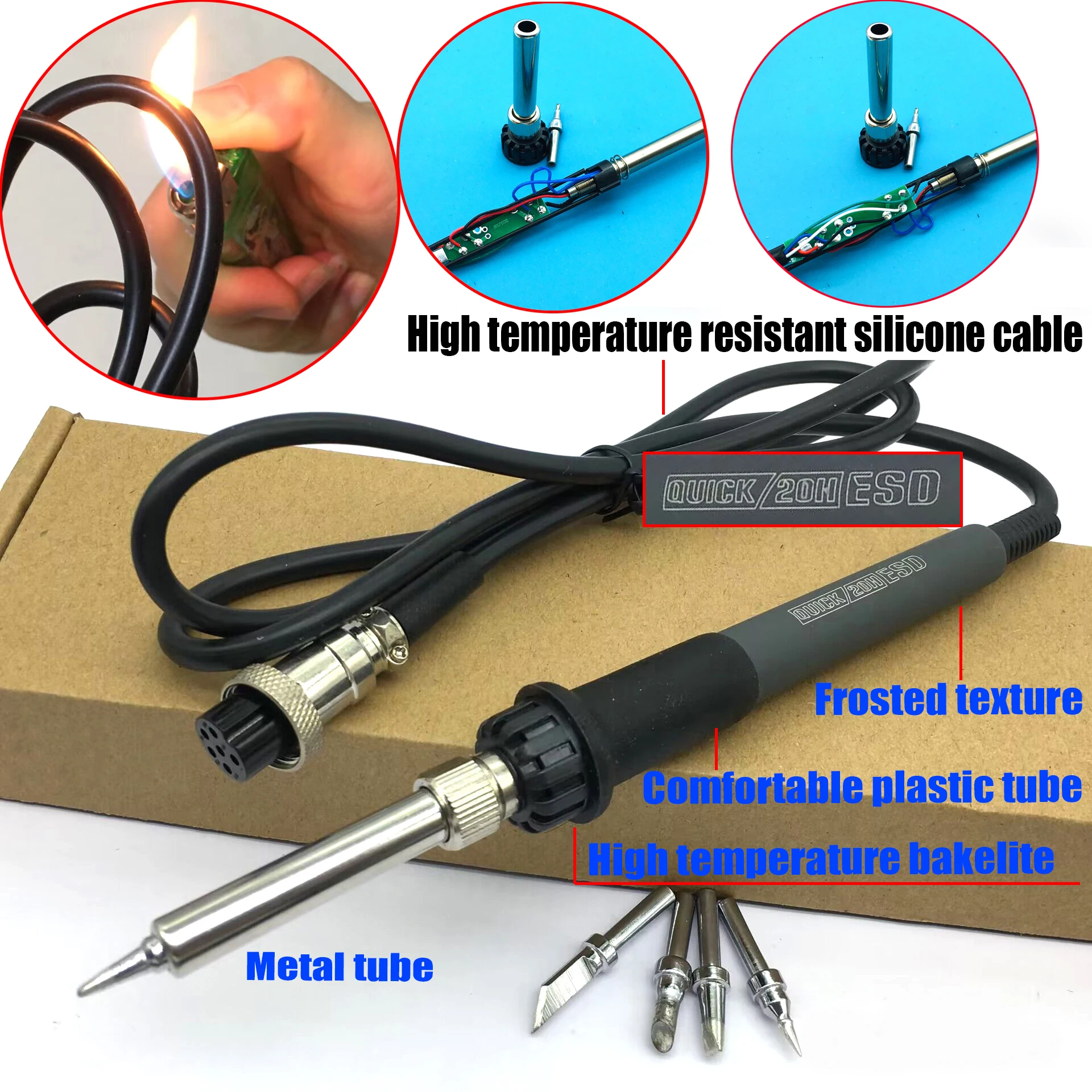 1PCS ESD 20H-90W Handle Assembly + 5tip For QUICK 203H 203 Soldering Station Electric Soldering Iron silicone cable Handle