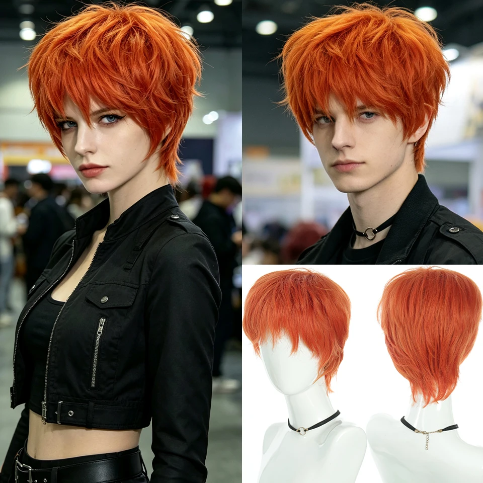 Handsome Korean gril Boys' Orange Short Anime Wig Synthetic Fiber Wig Slightly Cover Fluffy for Men Halloween Christmas Party