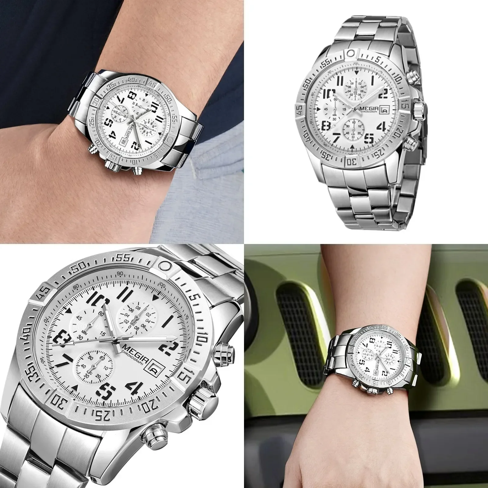 MEGIR-Montre d'affaires à quartz pour hommes, marque de luxe, décontractée, étanche, date, horloge, acier inoxydable, chronographe, livraison gratuite