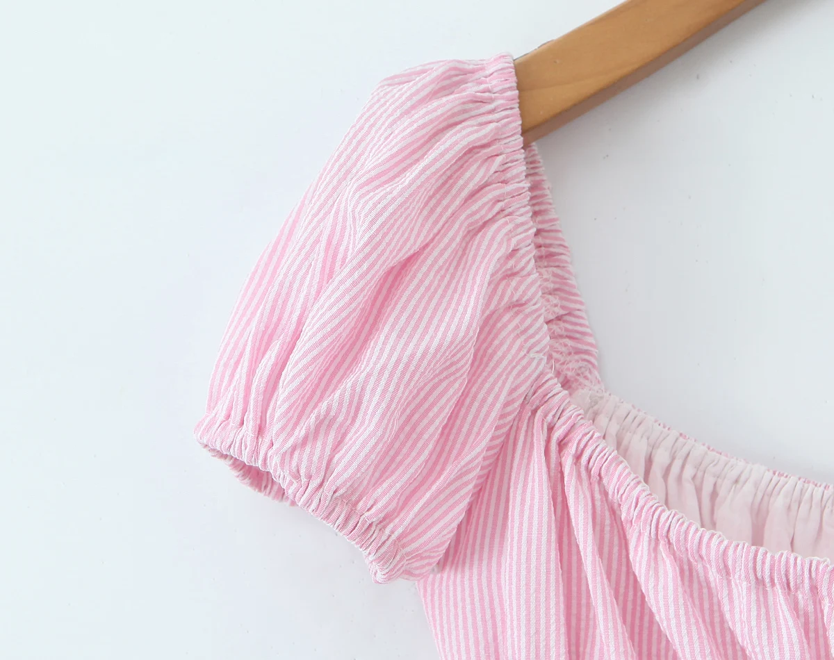 보헤미안 스트라이프 리본 주름 장식 가슴 리본 U넥 퍼프 소매 드레스 탄력있는 하이웨이스트 플리츠 스윙 미디 롱 드레스 휴가용 베스티도스