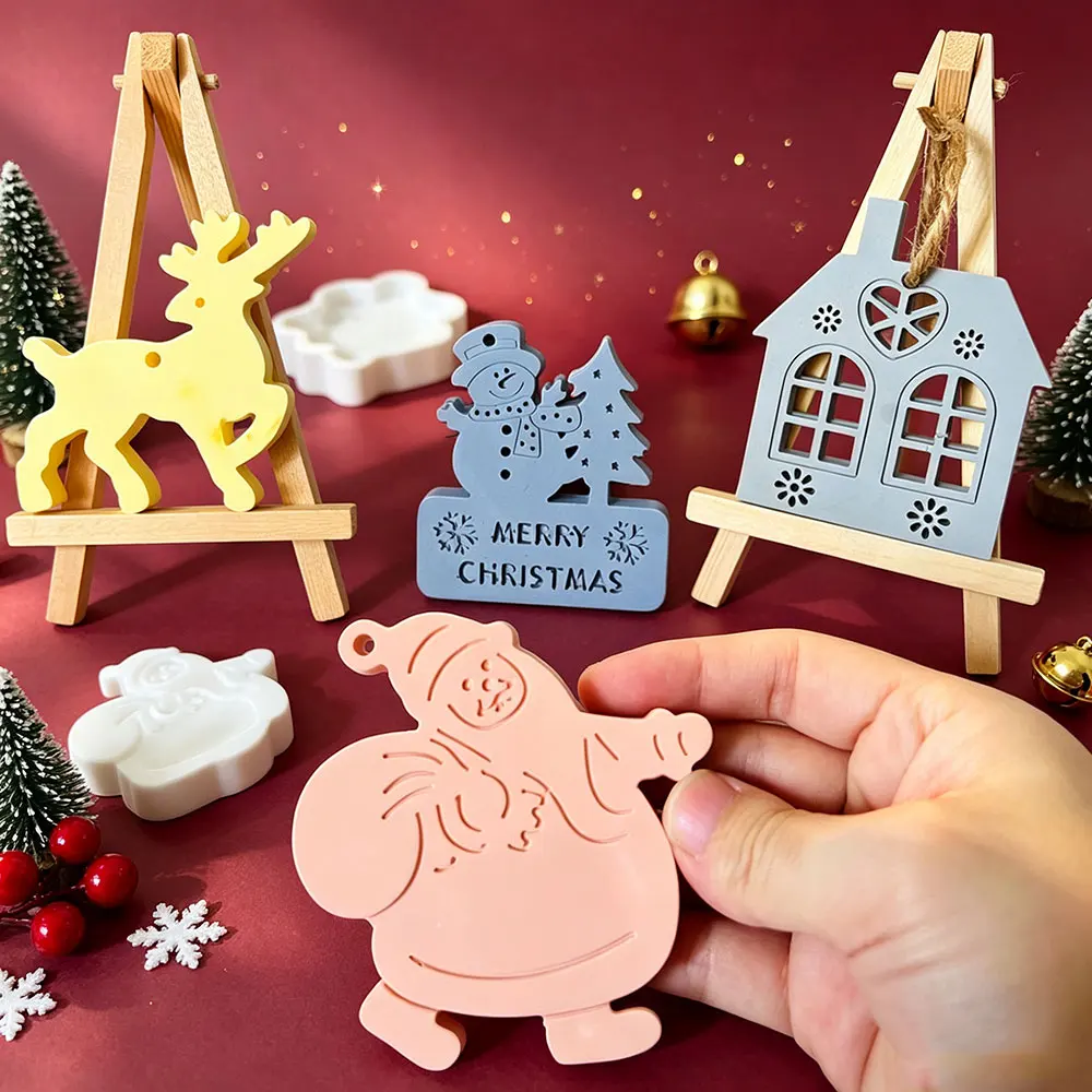 Christmas Ornament Silicone Mold DIY Resin Plaster Craft Santa Reindeer Snowman House Pendant Home Decor Gift