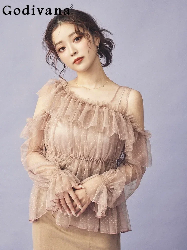 

Japanese Girl Sweet Elegant Fashion Shirt Womens Summer Loose Mesh French Ruffle Edge Polka Dot Blouses Office Ladies Top Mujer