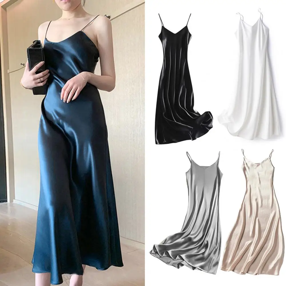 

2024 Summer Chic Elegant Dresses For Women Adjustable Strap Satin Long Birthday Party Dresses Maxi Beach Sundress Robe Vestido