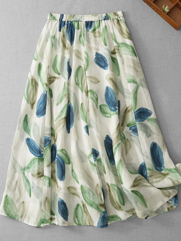 Retro Floral Print Elastic Waist Midi Skirt Women's Summer New Holiday Style Casual Versatile mid Length Cotton A-Line Skirt