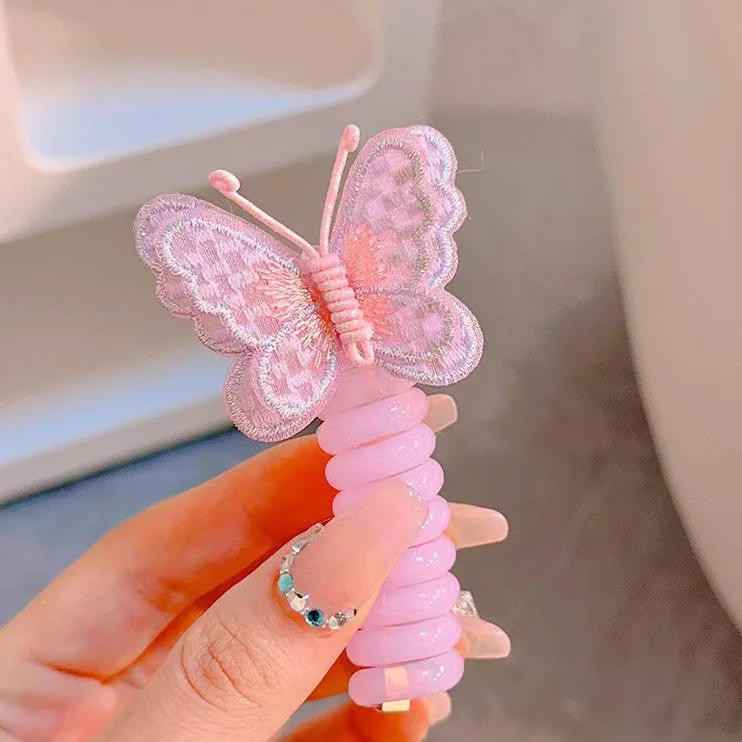 1PC New Lovely Embroidered Butterfly Elastic Spiral Hair Rope Head Rope Ponytail Hair Ring Rubber Band Headdress For Kids