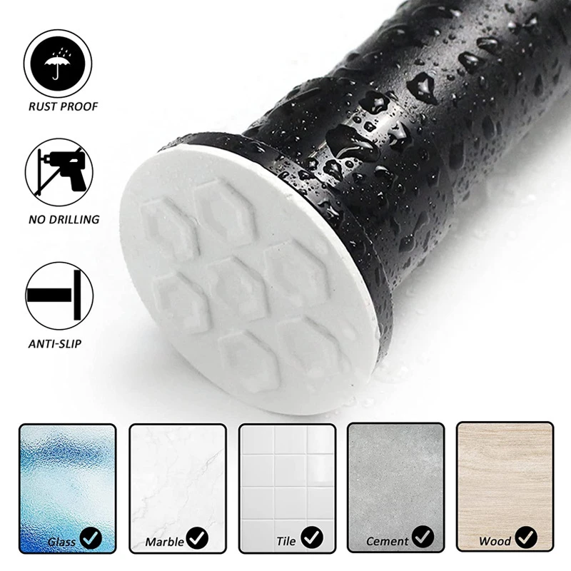 Black Spring Tension Shower Curtain Rod Adjustable No Drilling Anti-Rust Non-Slip Curtain Pole Stainless Steel for Bathroom