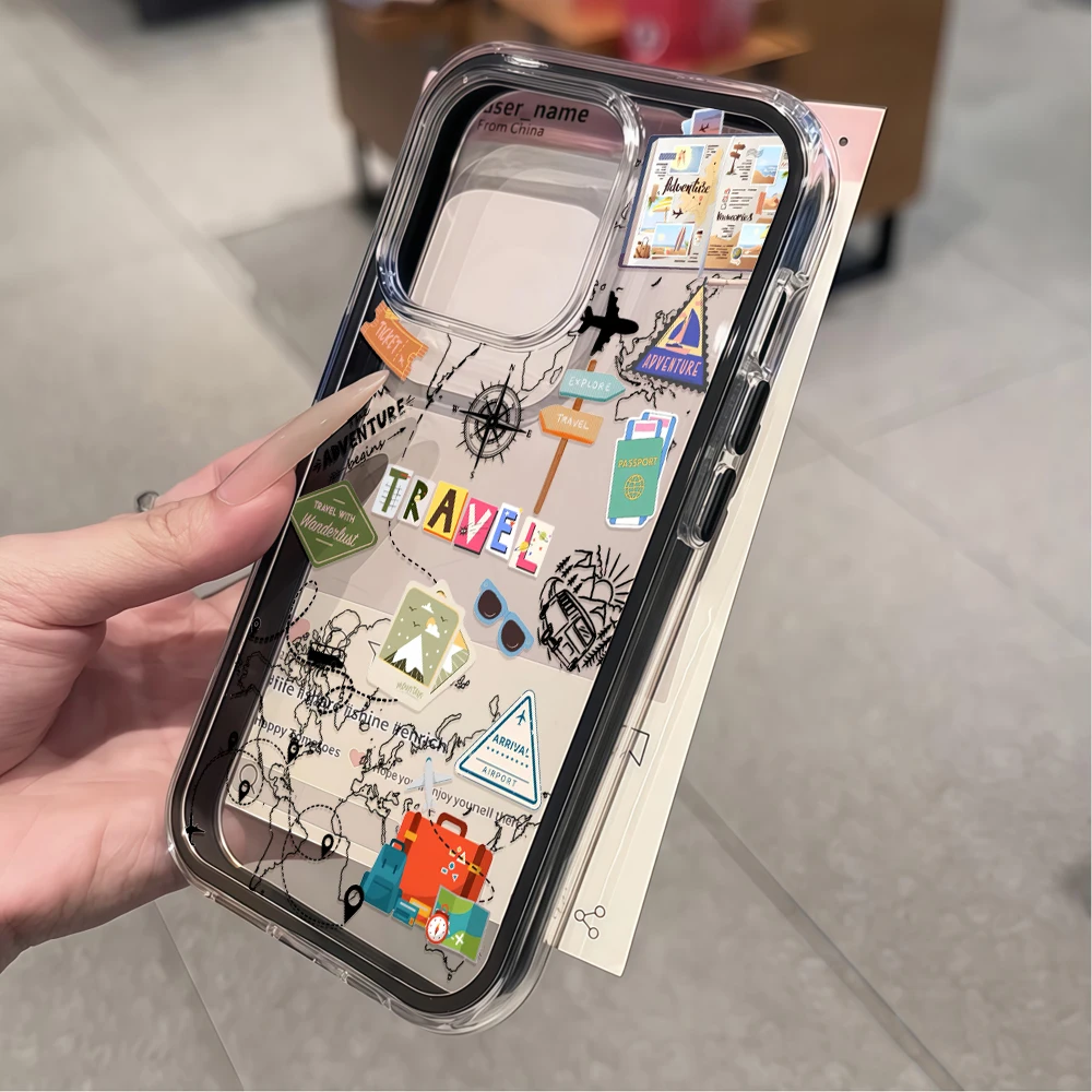 Reise-Abenteuer-Aufkleber-Druck Handyhülle für iPhone 16 14 15 Plus 12 13 14 15 11 17 16 Pro Max Air X XS Transparente Weiche Hülle – Detail 3