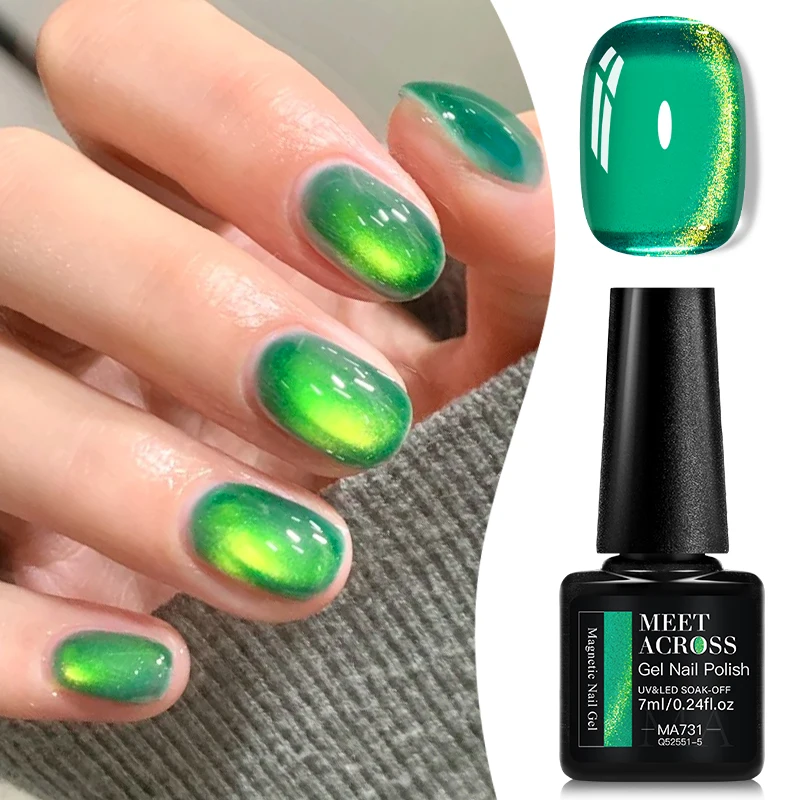 7ml Green Gem Colored Stone Cat Magnetic Gel Nail Polish Semi Permanent Varnish Soak Off Nail Art UV Gel Manicure Nail Supplies