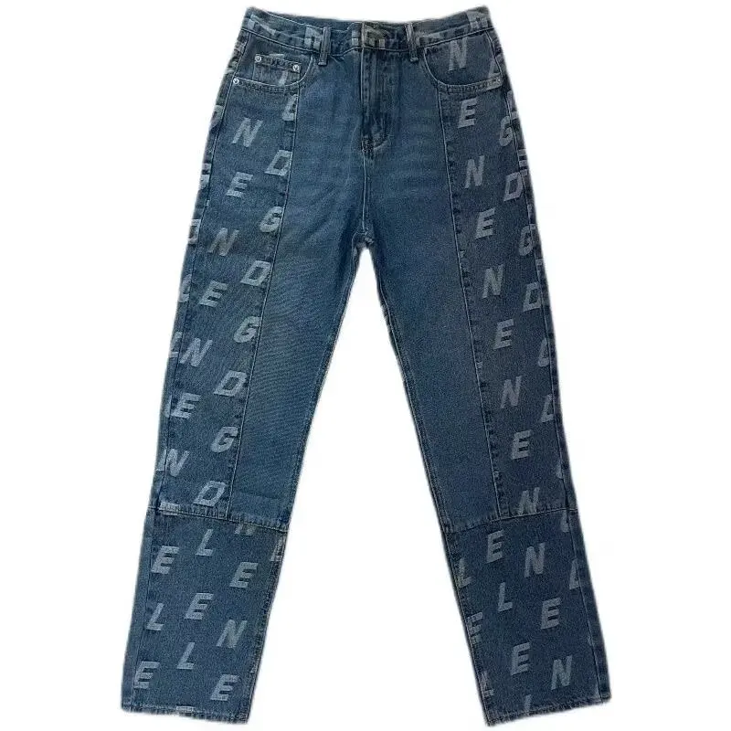 Retro jacquard American High Street Wide Leg Jeans Men's Washed Loose Trendy Brand Embroidery High Street Long Pants