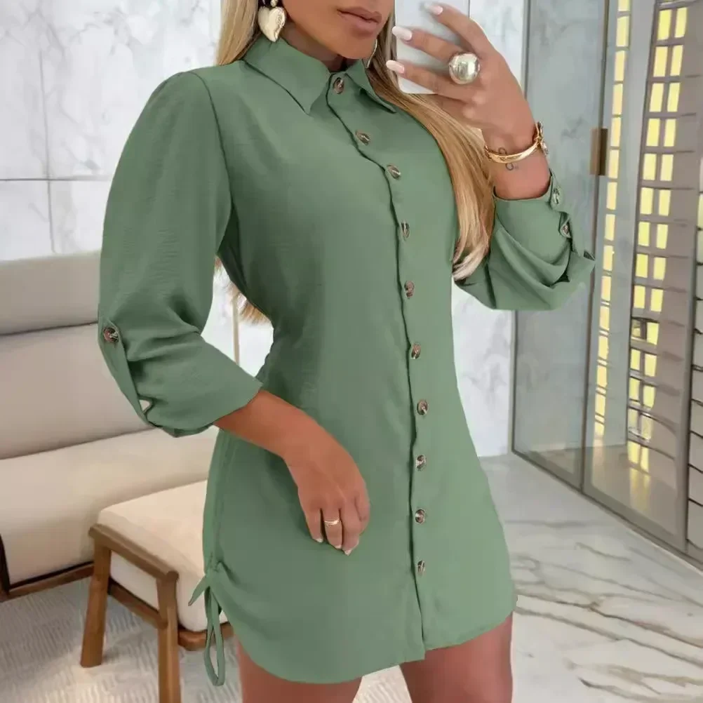 Women Shirt Dress Lapel Collar Front Buttons Long Sleeve Side Drawstring Solid Casual Mini Dress