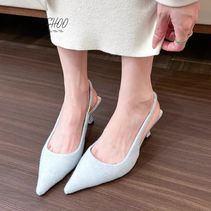 2024 Spring Blue Green Fleece Felt Slingback Sandals Woman Concise Pointed Toe Solid Stiletto Pumps Ladies High Heel Party Shoes