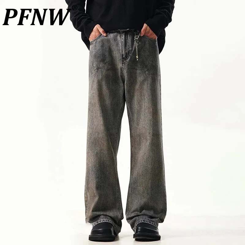 

PFNW Trendy Mud Dyed Male Jeans Men's High Street Hip-hop Washed Worn-out Trousers Loose Straight Leg Pants Autumn New 28W4461