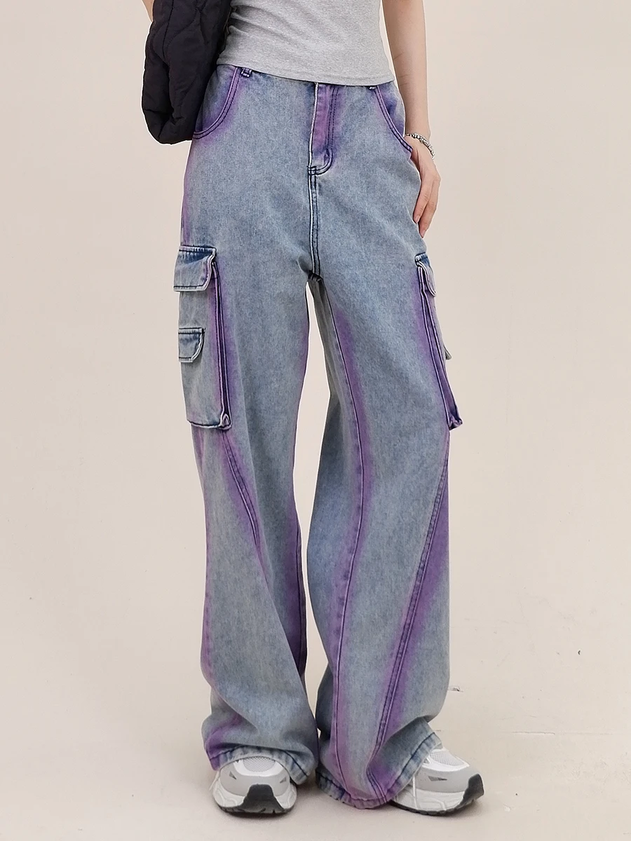 Pantalones vaqueros con bolsillos grandes para mujer, ropa de trabajo de colores, de pierna ancha, marca de moda americana, primavera 2024