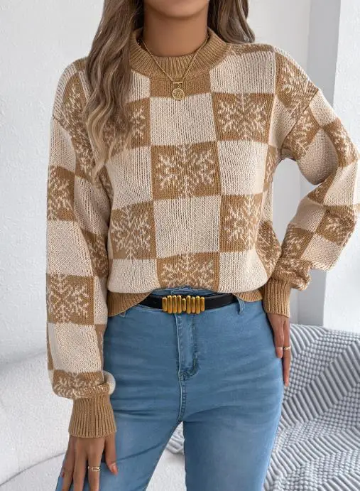Round Neck Snowflake Checkered Embroidered Pattern Knitted Sweater for Autumn and Winter Women's Casual Knitted Sweater