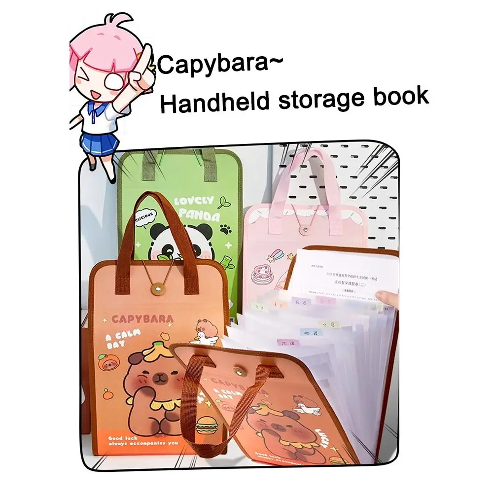 Cartoon Capibara A4 File Folder 13-Layer Expanding Waterproof Vertical Hand-held Bag Large Capacity Data Sorting Storage Bag