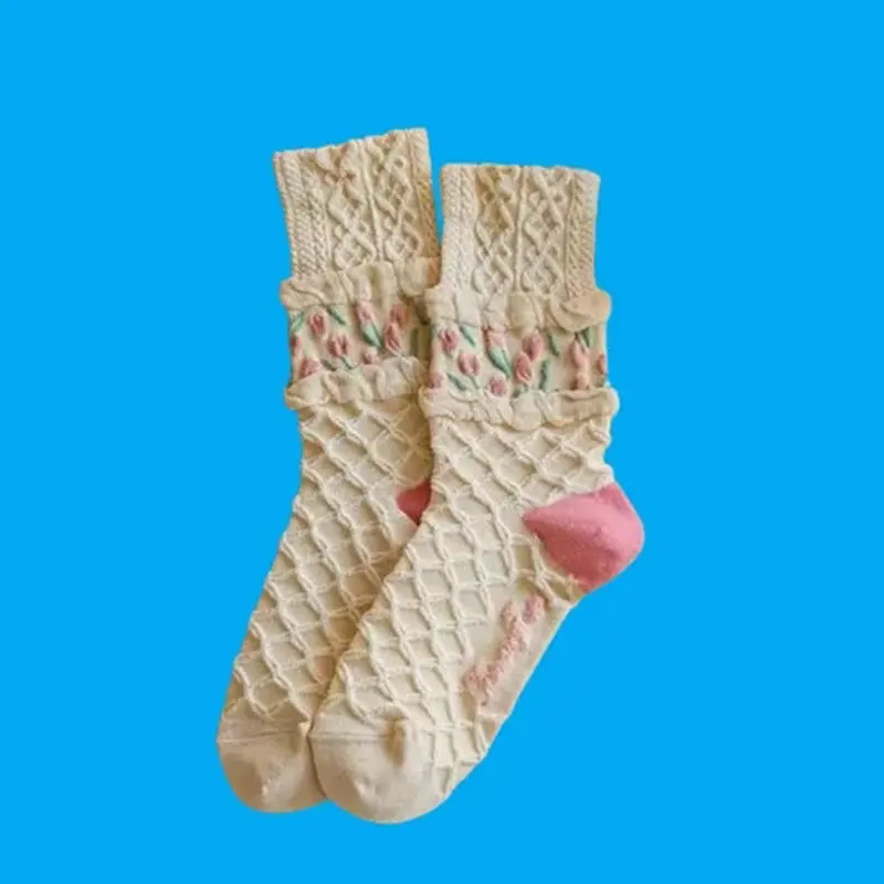 Chaussettes mi-tube empilées pour femmes, fleur tulipe, printemps et automne, série forêt, hiver 5/10, 2024 paires