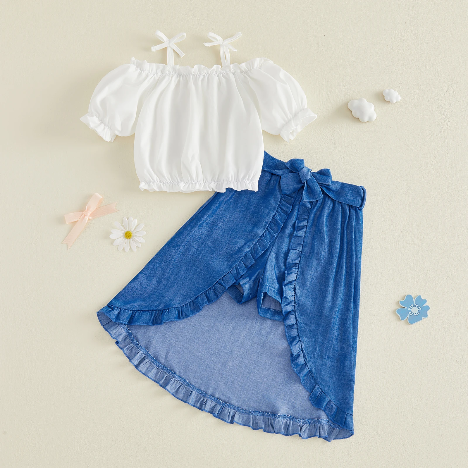 3-8Y Little Girls Summer Outfits Adorable Solid Color Short Sleeve Cold Shoulder shirt Tops Ruffled Denim Skirt Summer Girls Set