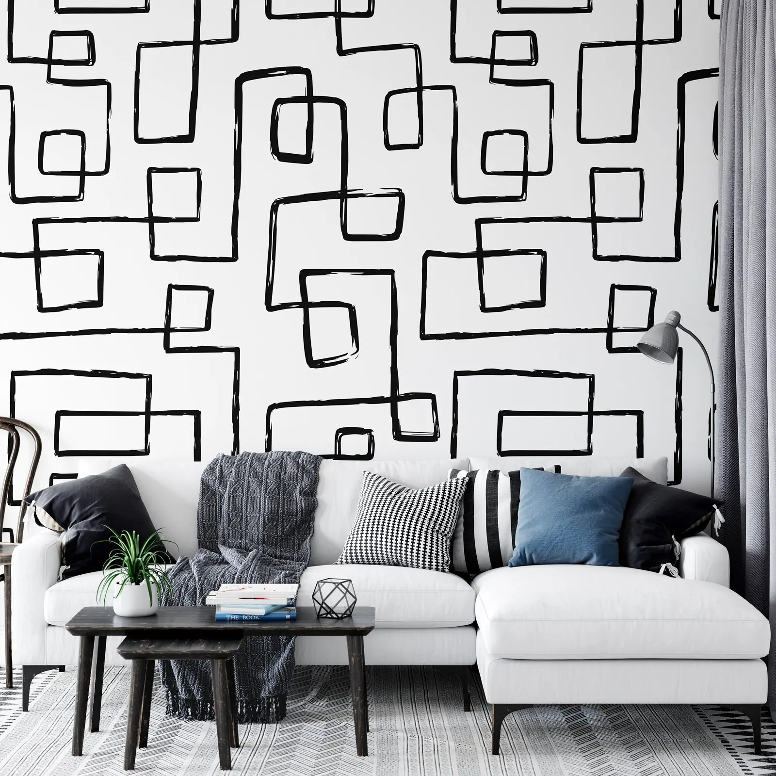 Black Abstract Line Self Adhesive Wallpaper,Peel and Stick Boho Style Mural,Scandinavian Black and White,Or Tradition Un-paste