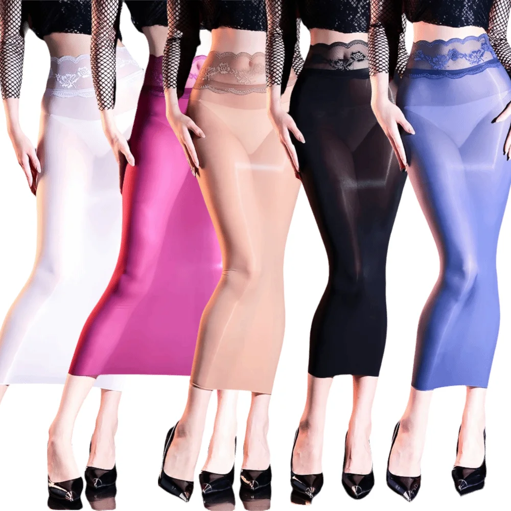 5D Ultrathin Hip Pencil Skirts High Lace Waist Elastic Lift Butt Sheer Wrap Skirts Sheer Oil Glossy Shiny Package Hip Dresses