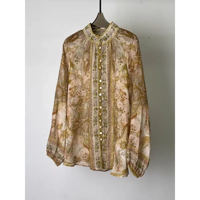 

Fashionable Ethnic Style Stand Collar Single Button Flax Print Shirt Top Women's Spring Summer New Arrival Polyester Fiber