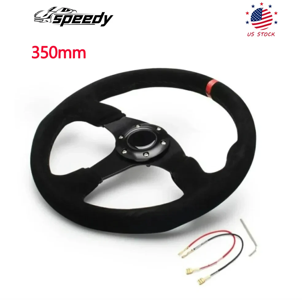 

14 Inch 350mm Car Red Racing Suede Leather Steering Wheel Flat with Horn Button Black