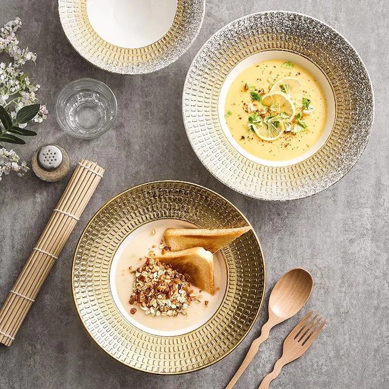 Premium Ceramic Salad Bowl Golden Grid High-end Tableware Restaurant Commercial Concept Straw Hat Bowl Nordic Style Deep Plate