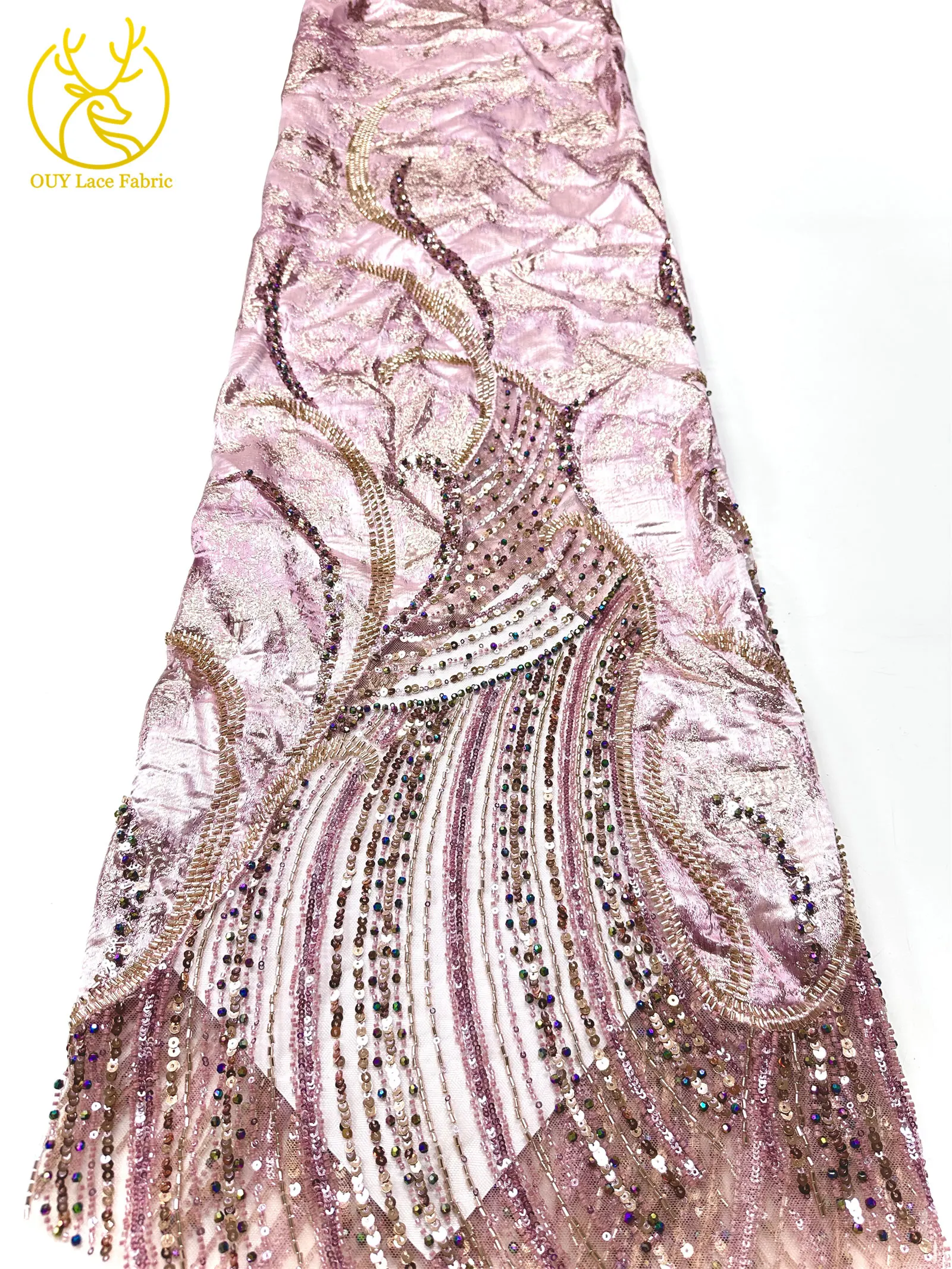 Lila luxuriöser afrikanischer schwere Perlen-Chiffon-Spitzenstoff 2026 Hochwertiger nigerianischer Pailletten-Spitzenstoff für Abendkleider 5 Yards – Detail 12