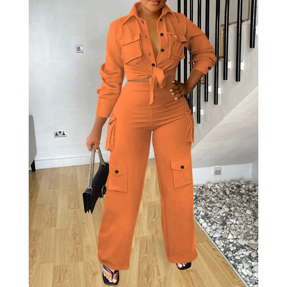 

Spring/Autumn Women's Lace-up Office Lady Two Pieces Sets Pocket Decro Long Sleeve Shirt Top & Wide Leg Pants Set Casual Outfits