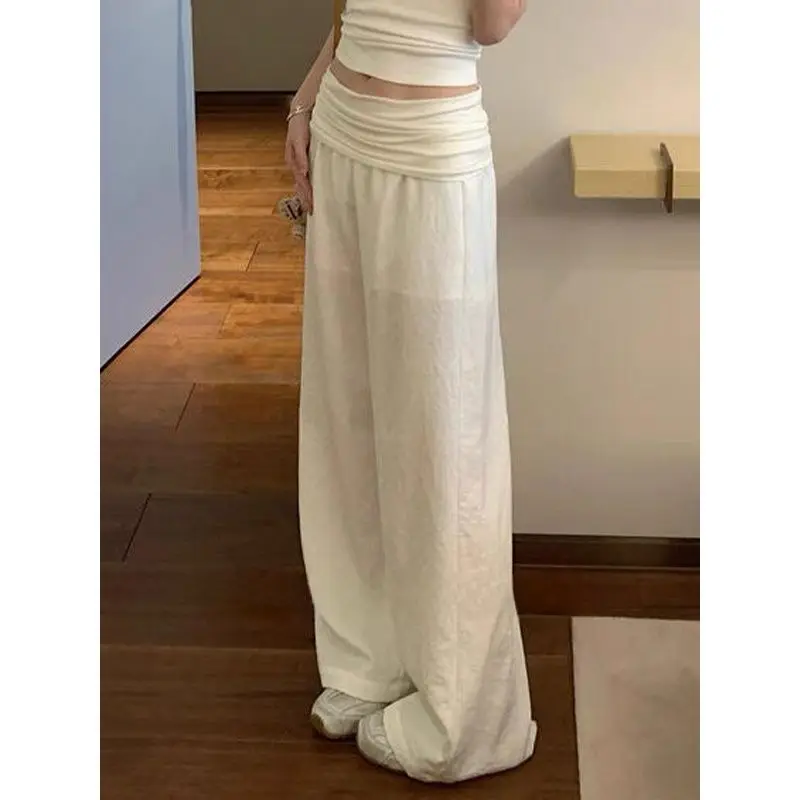 

Повседневные базовые белые брюки HOUZHOU для женщин в стиле Old Money, свободные прямые брюки, тонкие широкие брюки-палаццо, летние прозрачные брюки для дам