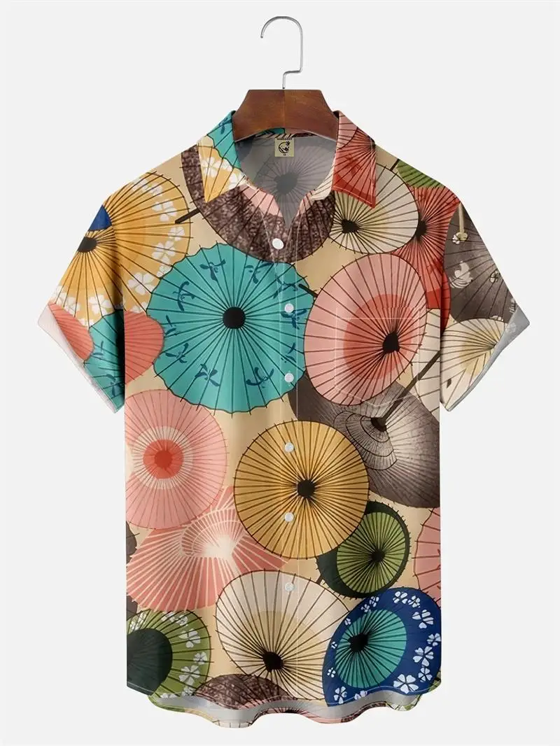 Men's Short Sleeve Button Shirt Japanese Ukiyo-e Wave Print Summer Fashion Vintage Beach Casual Mens Clothing