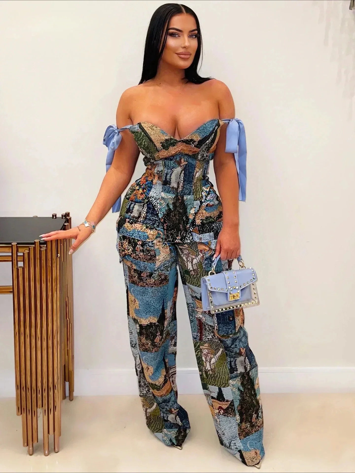 BWQ Oil Painting Printed Women's Set Lace Up Back Crop Top and Pants Suit 2024 Fall Winter Two 2 Piece Sets Outfit Tracksuit