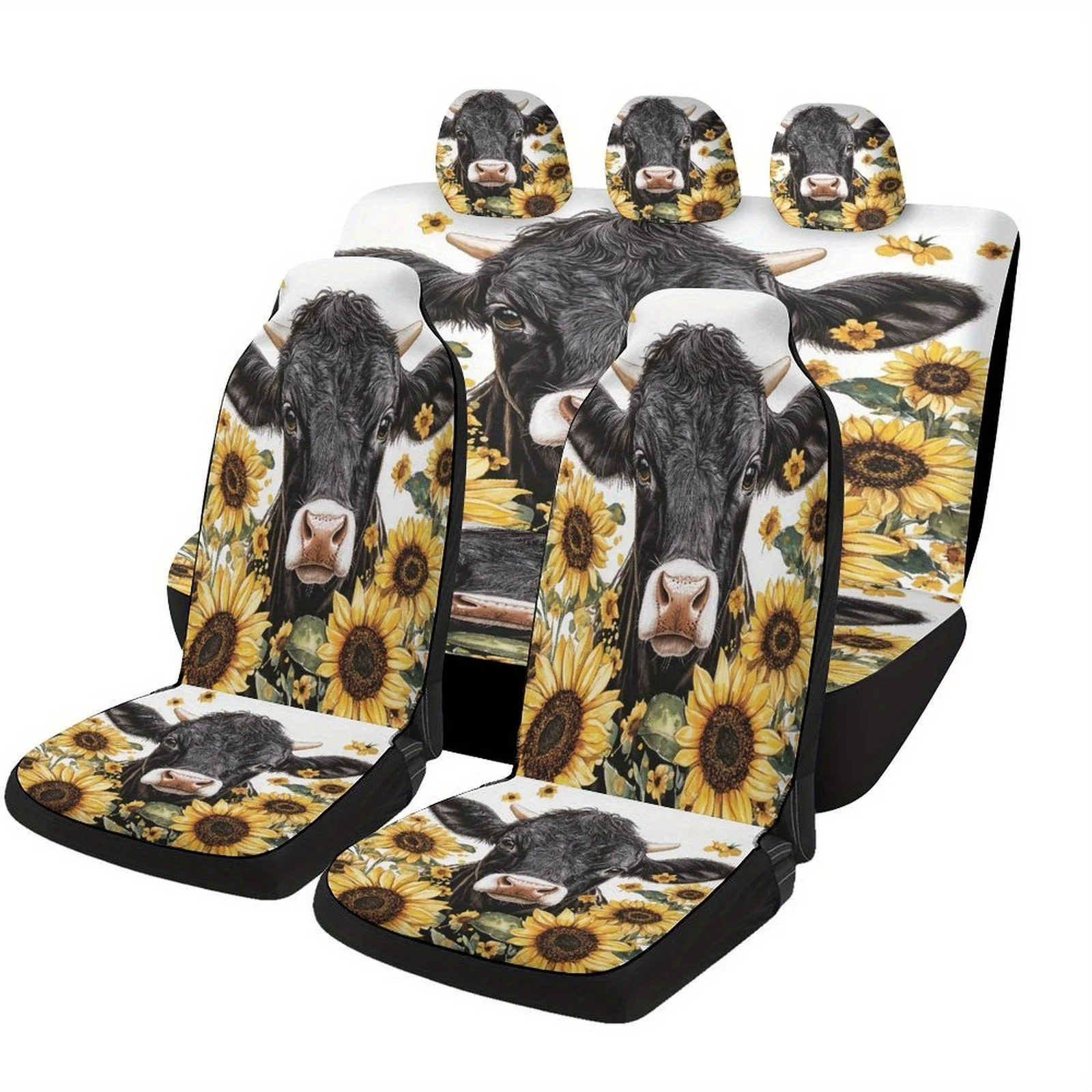 

Cow With Sunflowers Designed Car Seat Cover Set For Most Cars, Trendy High-quality Car Seat Protector Covers Full Set, Universal