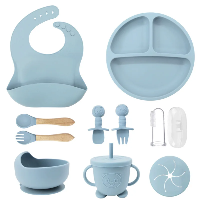 Silicone Tableware Ten Piece Set Divided Plate Baby Tableware Feeding Bowl Silicone Spoon Fork Feeding Tableware For Infants