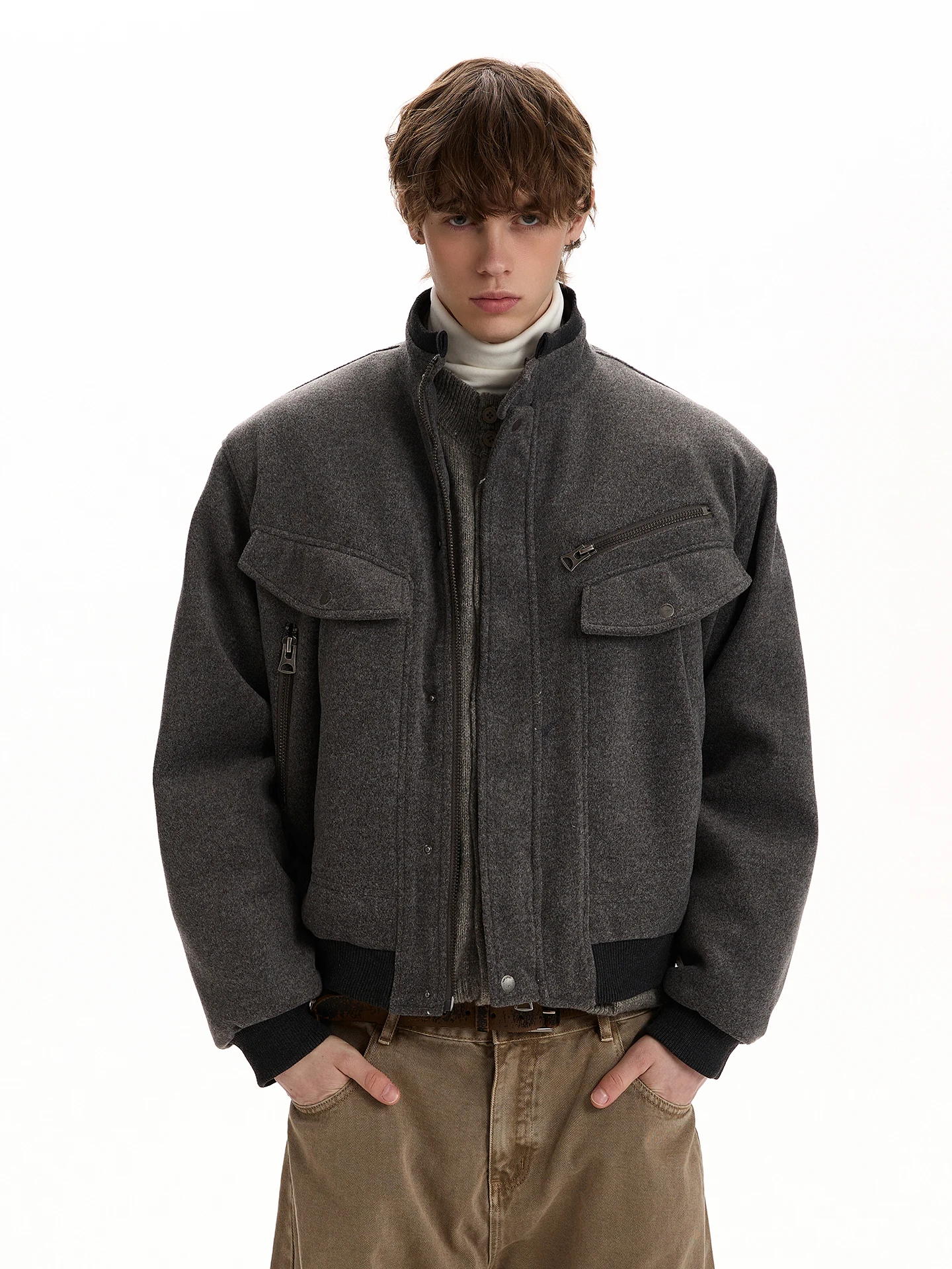 

Thiened шерстяной бомбер-бомбер, свободное и летное хлопковое пальто, зимнее теплое пальто с воротником-стойкой на подкладке, винтажное пальто для подростков