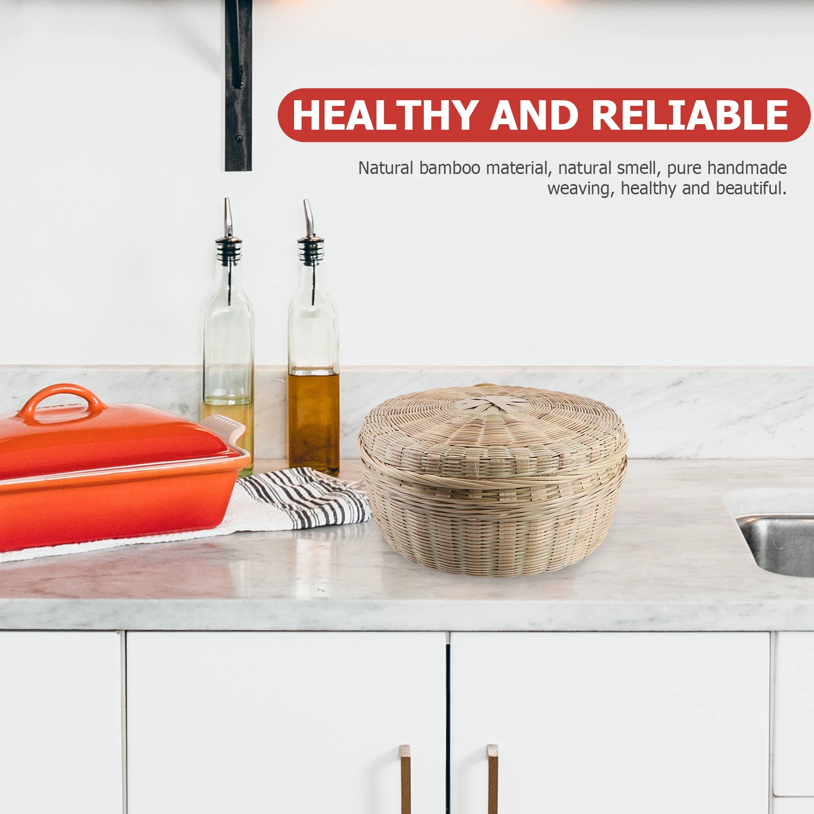 

1pc Round Bamboo Bread Basket Lid Food Container Handmade Woven Cake Dessert Fruit Holder Eco-Friendly Mosquito Proof