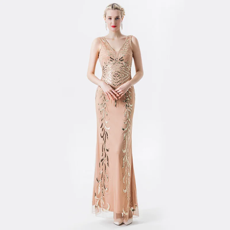 Sequins Shinning Elegant Evening Dresses For Day And Night Party Sleeveless V Neck Maxi Prom Bridesmaid Luxury Gold Tulle Dress