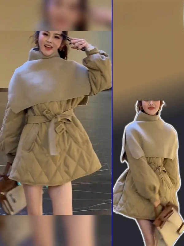 

Зимнее утепленное женское хлопковое пальто с ромбовидным узором, высоким воротником, теплым утеплением, больших размеров, с подплечниками, комплект из двух предметов, с эффектом утяжки талии