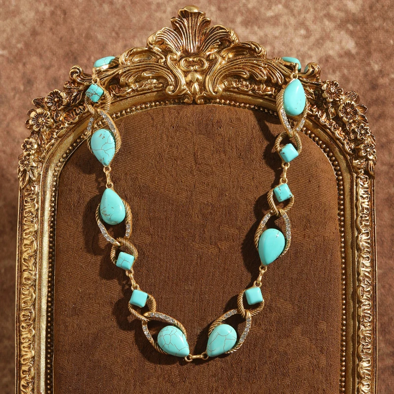 

Vintage Turquoise Jewelry Natural Stone Necklace Antique Gold Color Chain Chokers Gothic For Women Summer Party Accessories 2025
