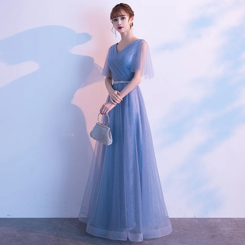  Simple V-neck Evening Dress New Mono Color Temperament A-line Party Gown Sleeveless Floor-length Sequin Tulle Suknia Customized