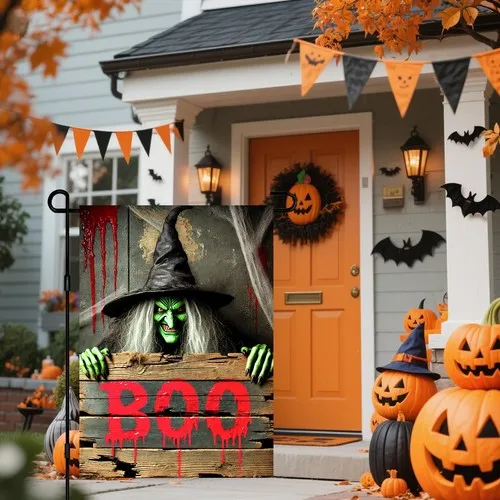 Halloween Welcome Garden Flag 12x18 Inch Double Sided Green Witch Holding Boo... YYZ
