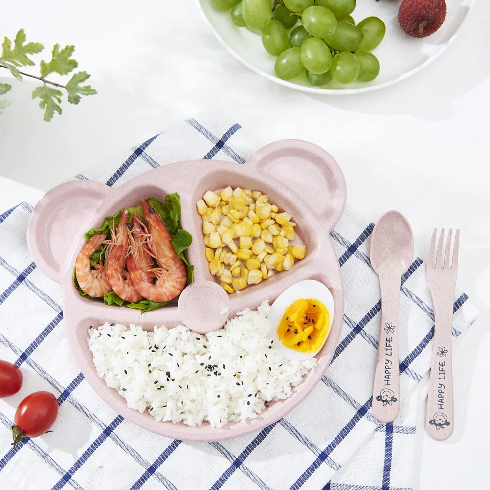 

3 шт., набор детских тарелок из пшеничной соломы, разделенная форма медведя, детский обеденный поднос, ложка, вилка, миска для кормления, безопасная, экологически чистая, розовая