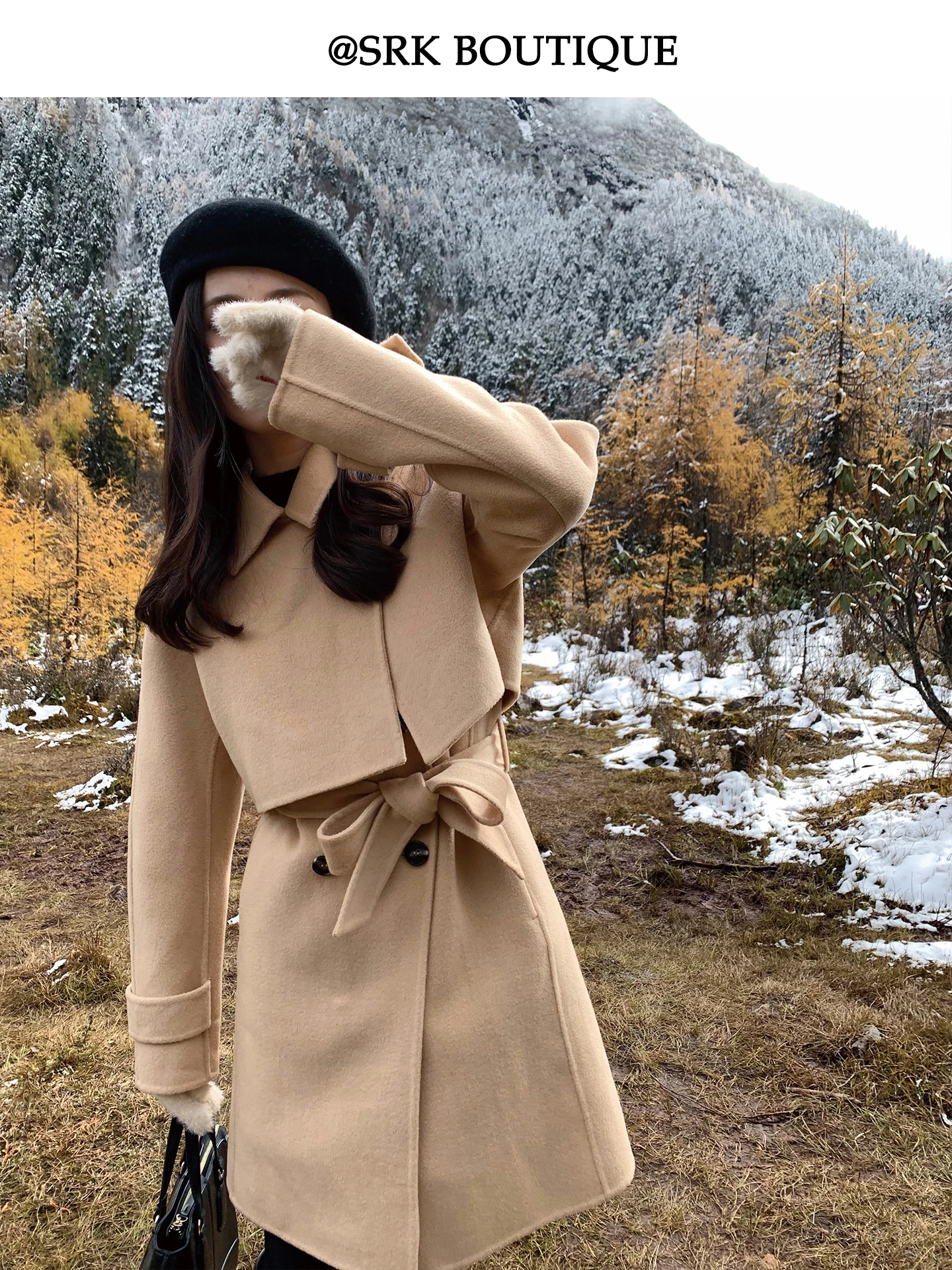 

SRK двусторонний шерстяной комплект пальто и жилета, женское зимнее модное теплое свободное длинное пальто на пуговицах све, однотонное пальто