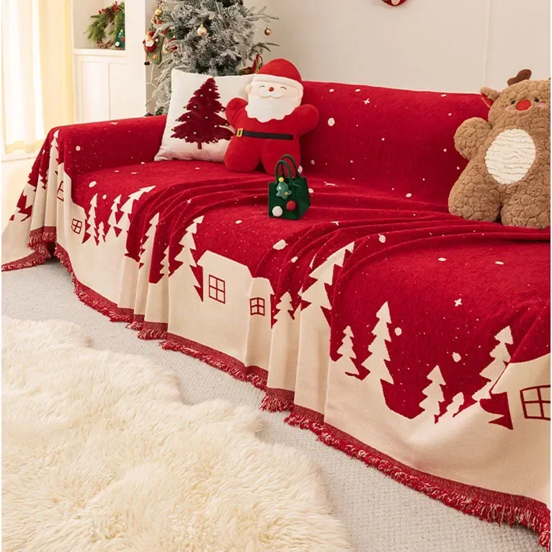 Christmas Style Thick Chenille Sofa Towel Autumn and Winter Anti Slip Sofa Blanket for Home Soft Anti-Dirt Corner Couch Covers