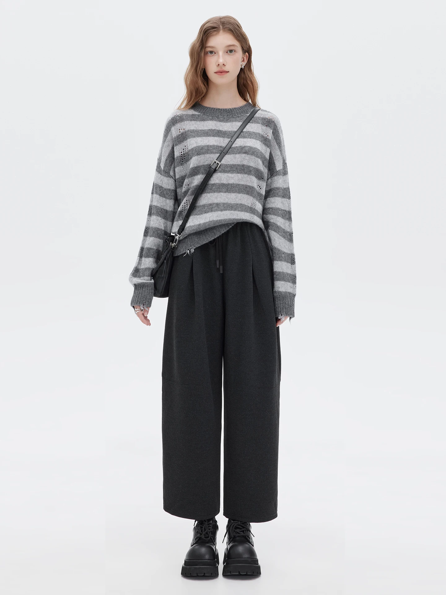

High Densi Mixed Woolen Wide Leg Casual Pants Women's Loose Fit Dstring Elastic Waist Lantern Pants Deep ey Casual Tro...