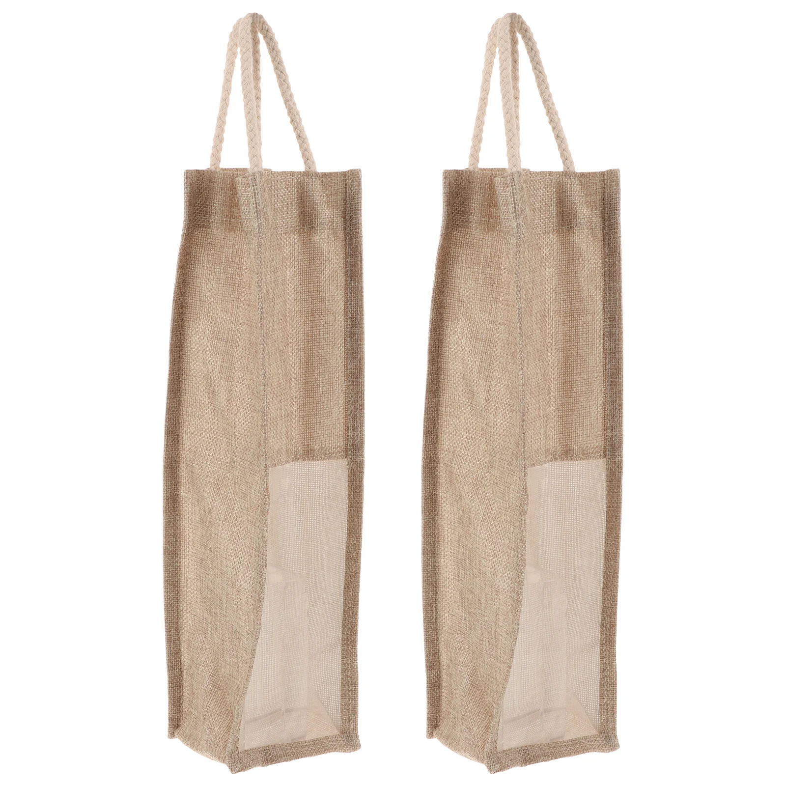 2 قطعة حقيبة زجاجات النبيذ حقيبة هدايا النبيذ الأحمر مع نافذة حقيبة الجوت الثقيلة لحامل الحاضر زجاجة أنيقة محمولة #5