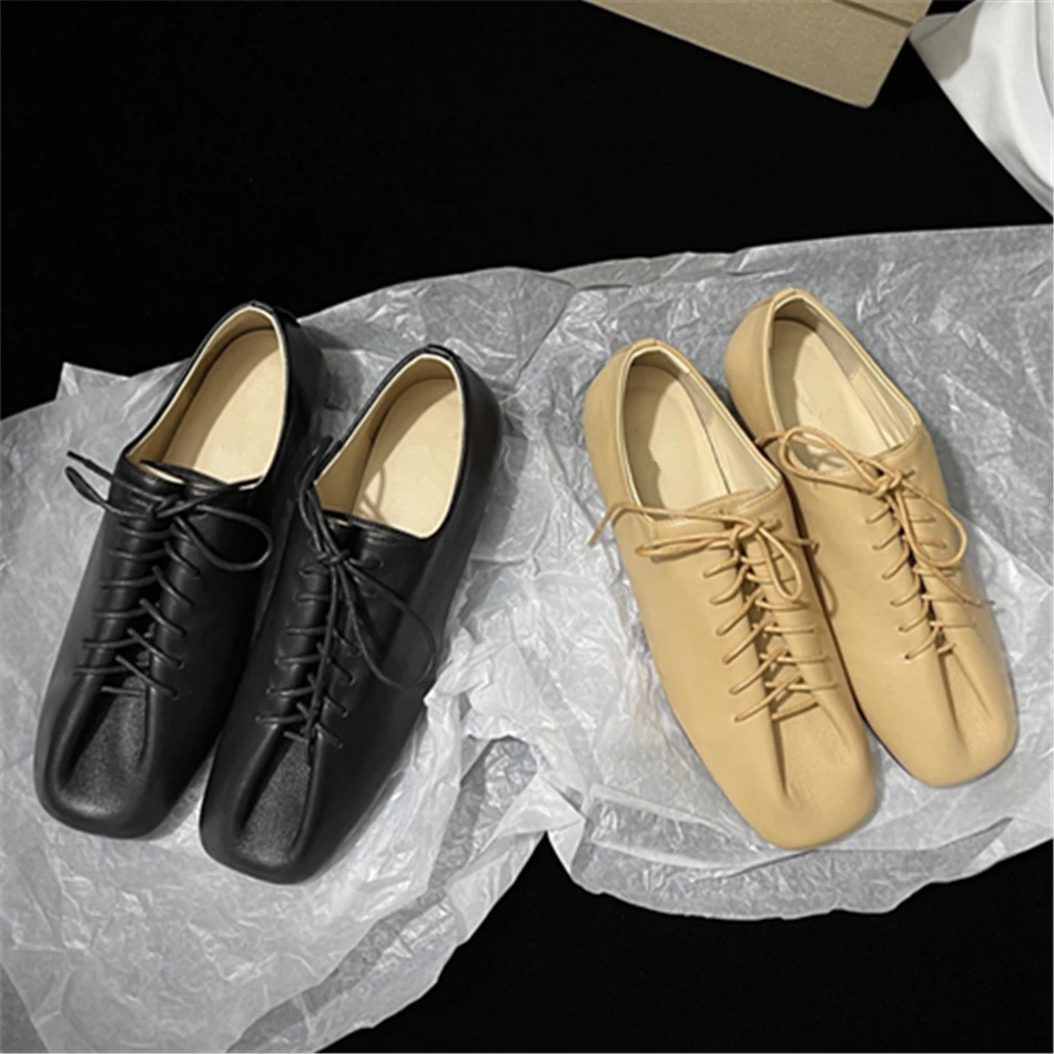 Le*re Sheepskin Oxfords Shoes Square Head DesginTie Up Flat Shoes 2025 New Luxury Design Shoes