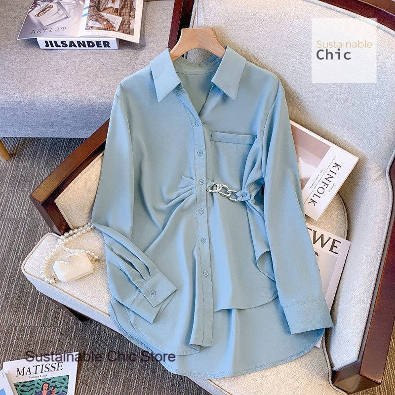 

Korean-style fashion western style long sleeve waist shirt women's spring and autumn new temperament high sense casual top